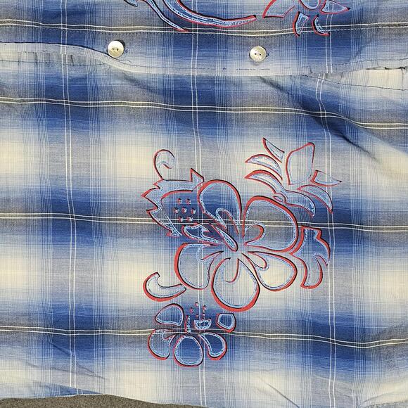 VTG Bugle Boy Hawaiian Shirt L Blue Floral Short Sleeve Y2K 1990s Shell Button - Picture 11 of 13